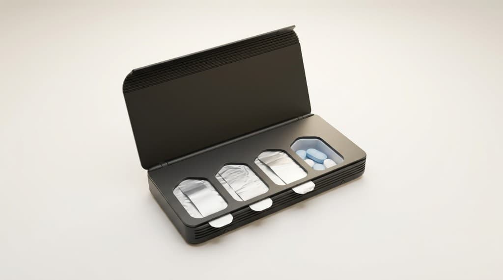 Sensor pill box with lid open and blister compartments