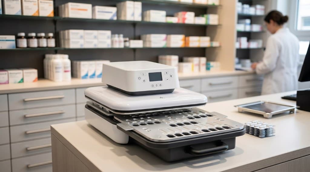 Sealing machine on a pharmacy counter