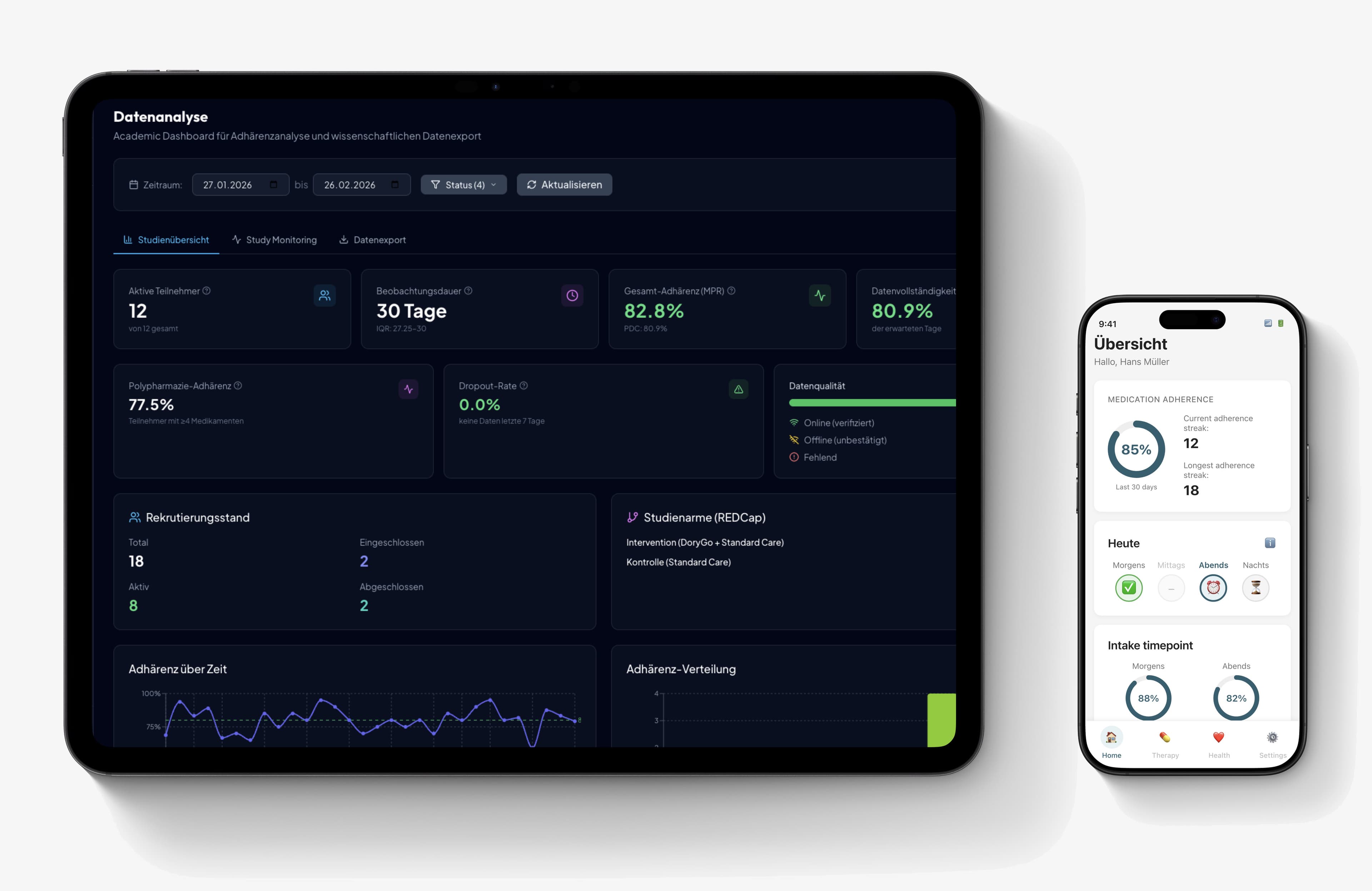 Patient app on a phone beside the team dashboard on a tablet